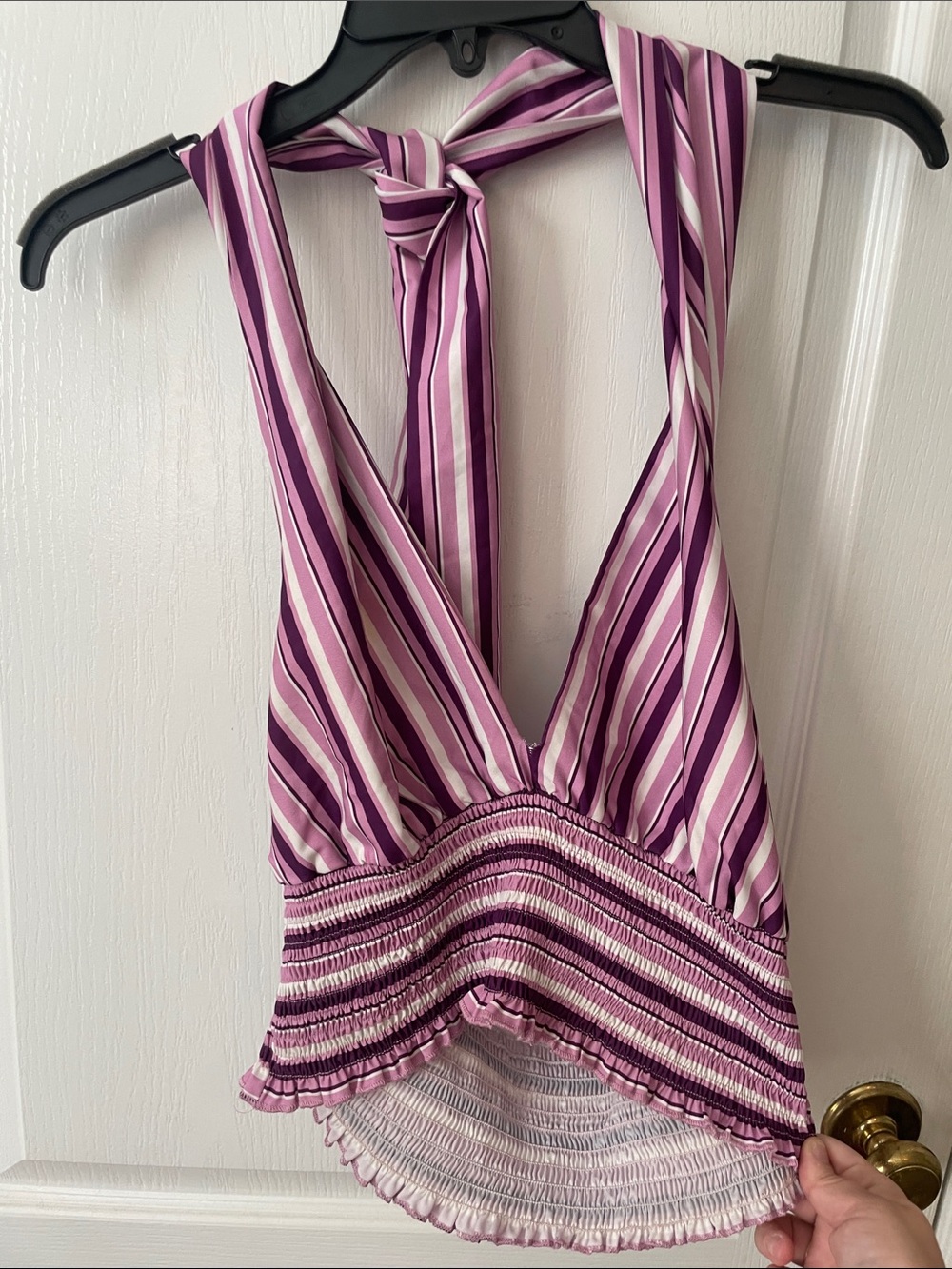 SHEIN Pink & Purple Striped Halter Crop Top